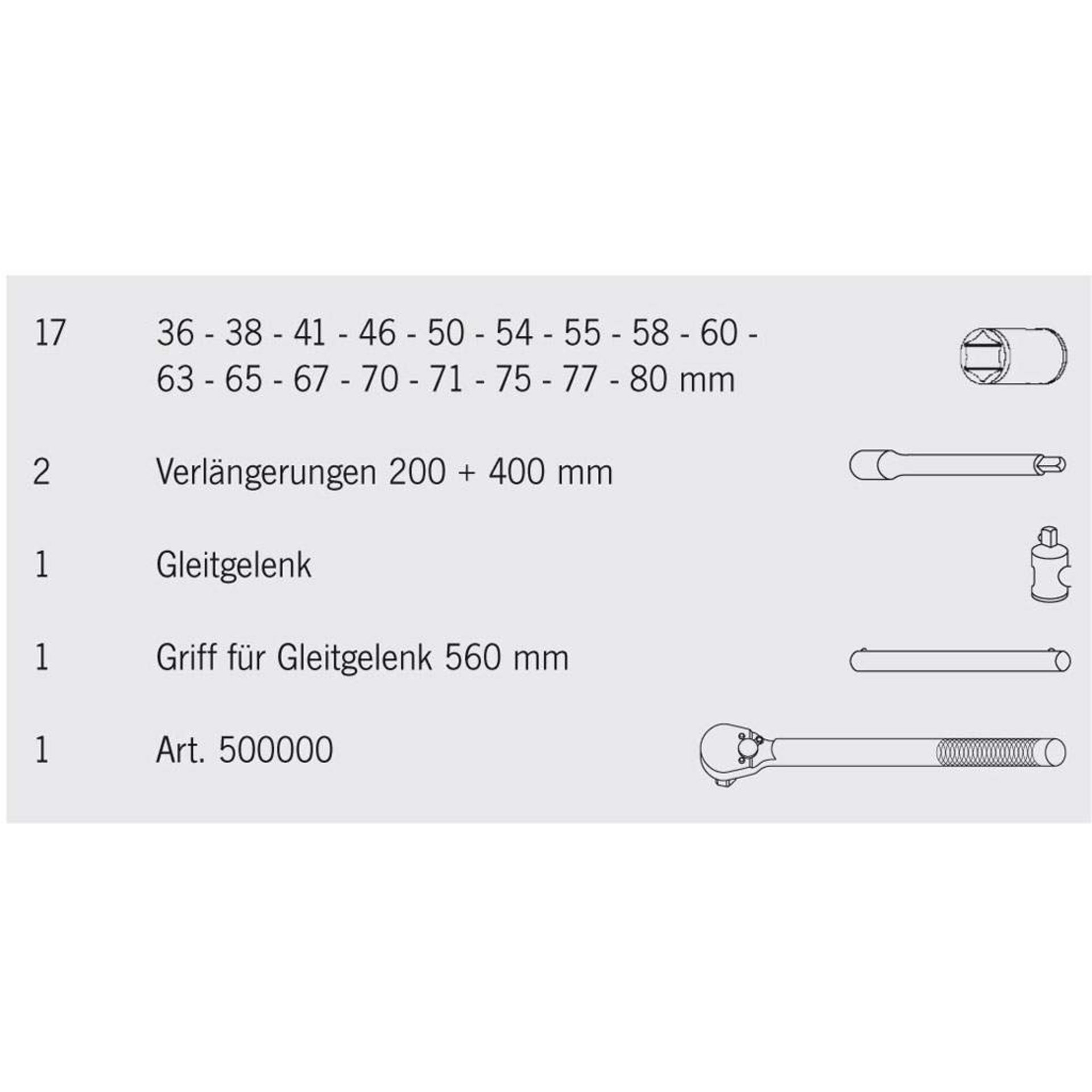 Verlängerungen, Gleitgelenk, Griff, Ratschenschlüssel, Art 500000