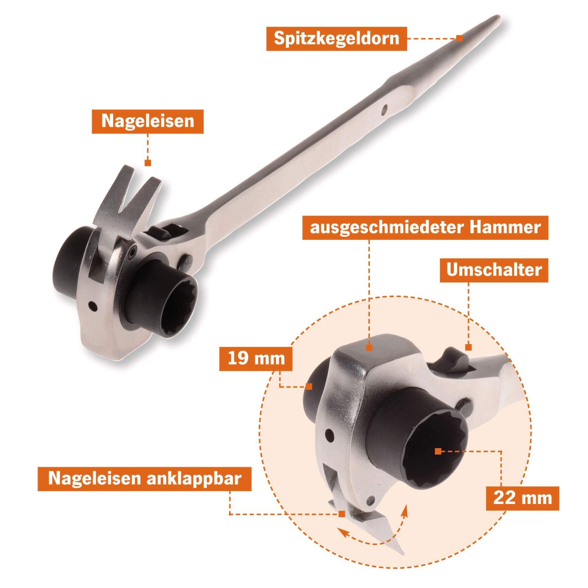 Nageleisen, Hammer, Schwingsatz, 19 mm, 22 mm