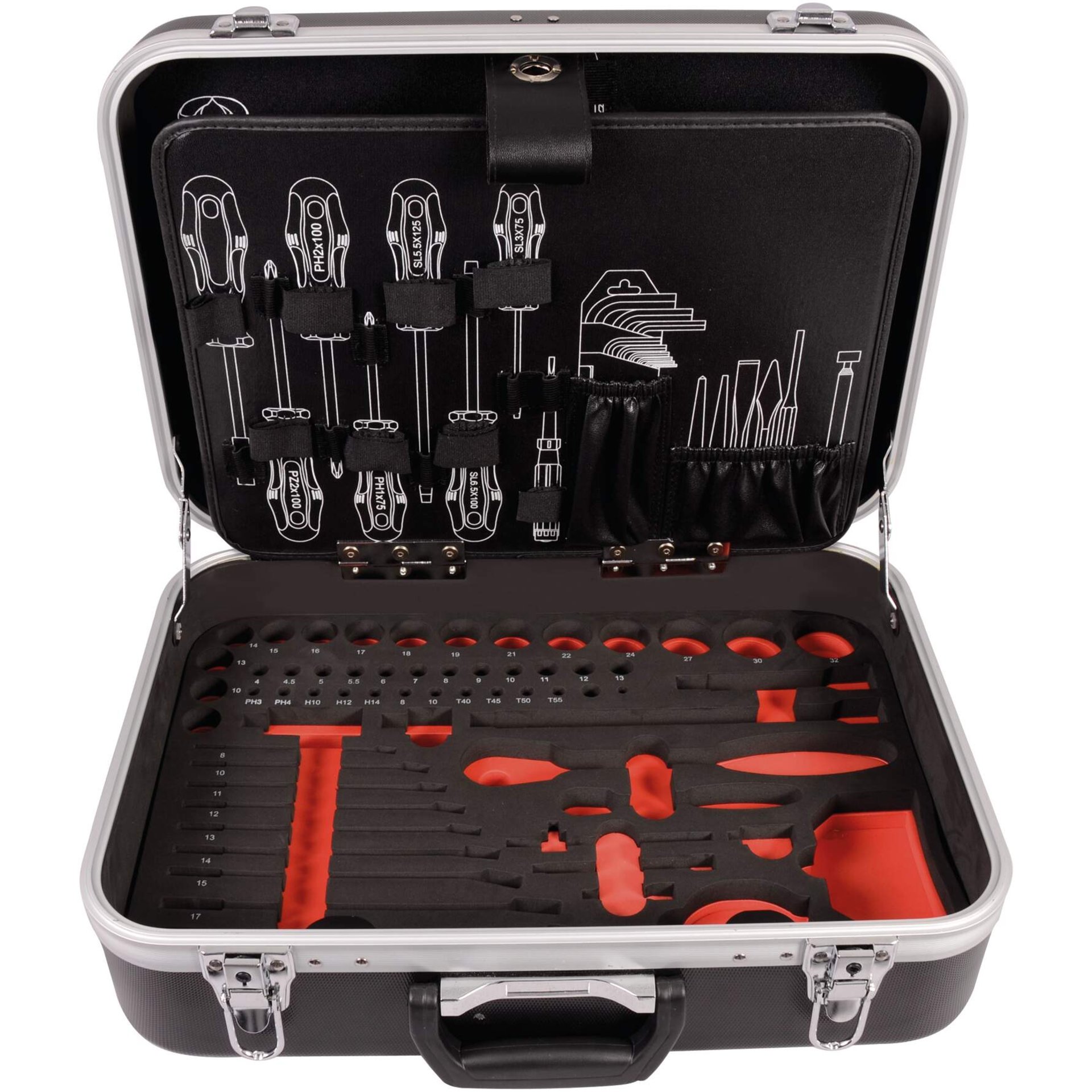 Werkzeugkoffer, Schraubendreher-Satz, Inbusschlüssel, Gabelschlüssel, Organisierter Innenraum