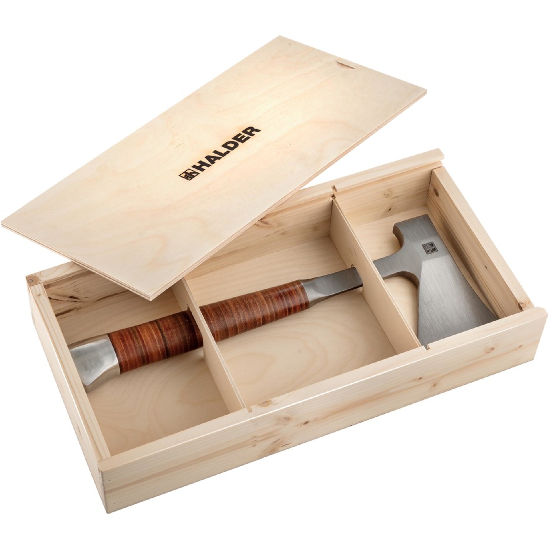 Halder Handbeil, mit Ledergriff, inkl. hochwertiger Ledergürteltasche als Schneidschutz; in attraktiver Geschenk-Holzbox | 3555s001 Kiste, Waffe