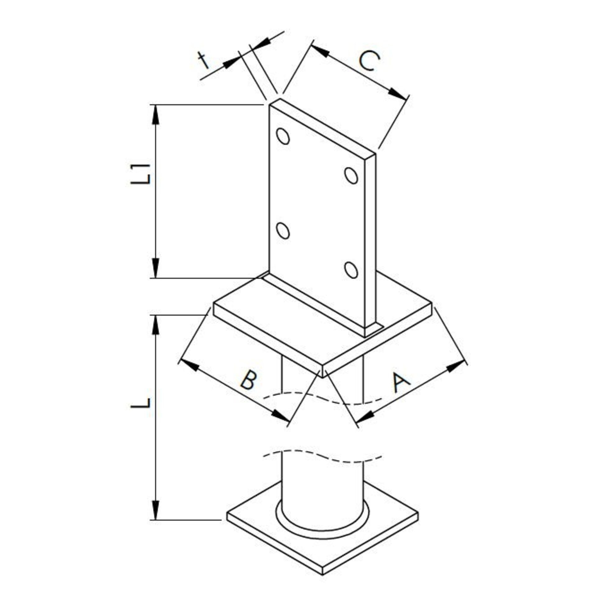 zweiteiliger sockel, bodenplatte, lötblech, befestigung, stütze