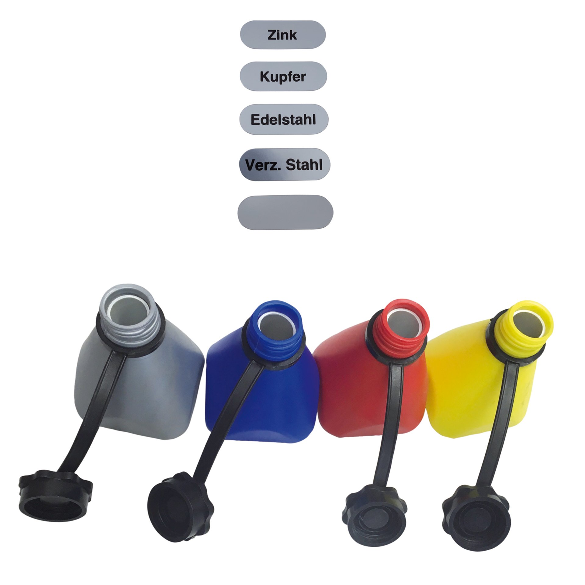 Profi Set "four colors" - Lötwasserfläschchen mit Auslaufstop und Beschriftung (Aufkleberset)