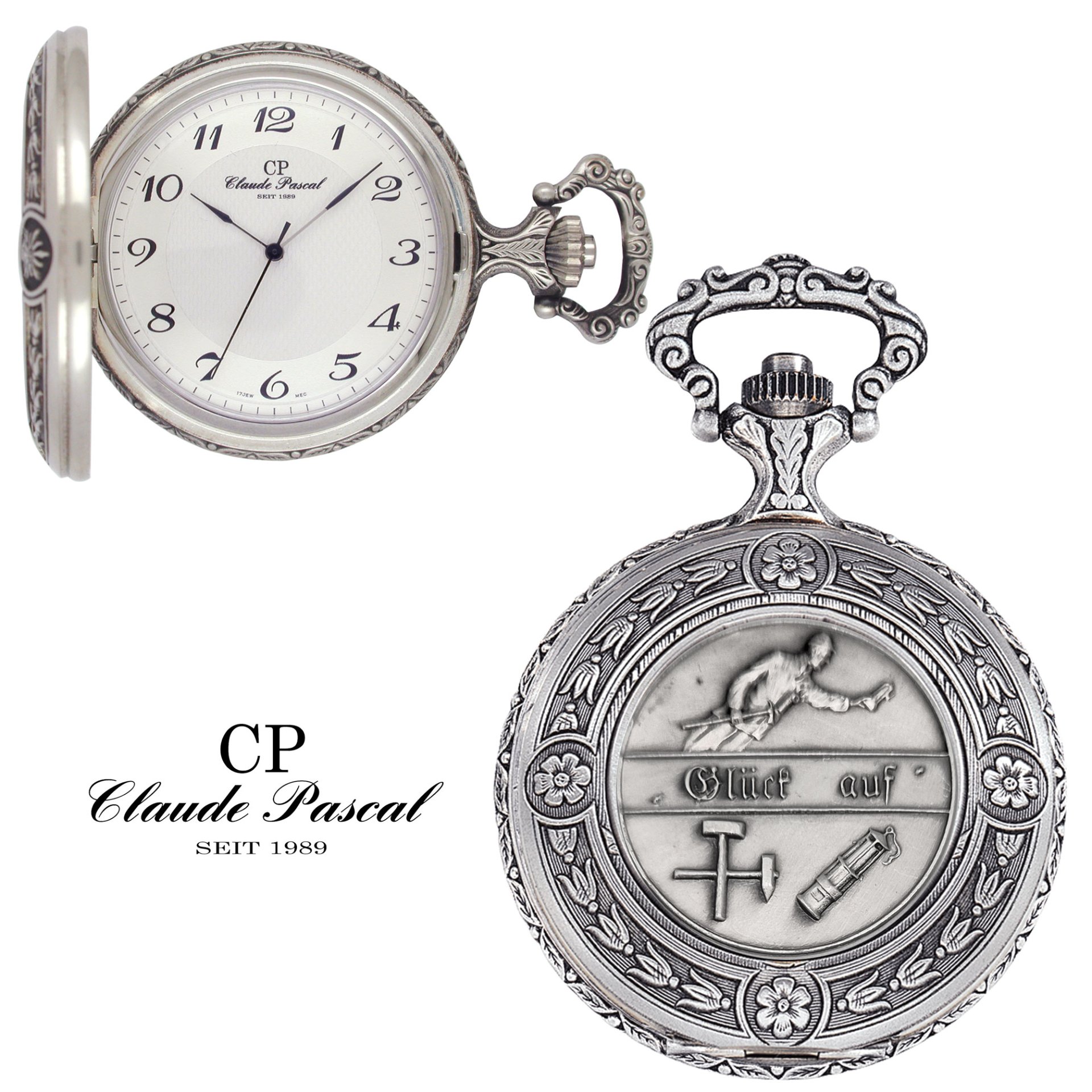 Taschenuhr Savonette, antik, Motiv "GLÜCK AUF", Handaufzug im Etui Armbanduhr, Arm, Körperteil, Person, Zubehör