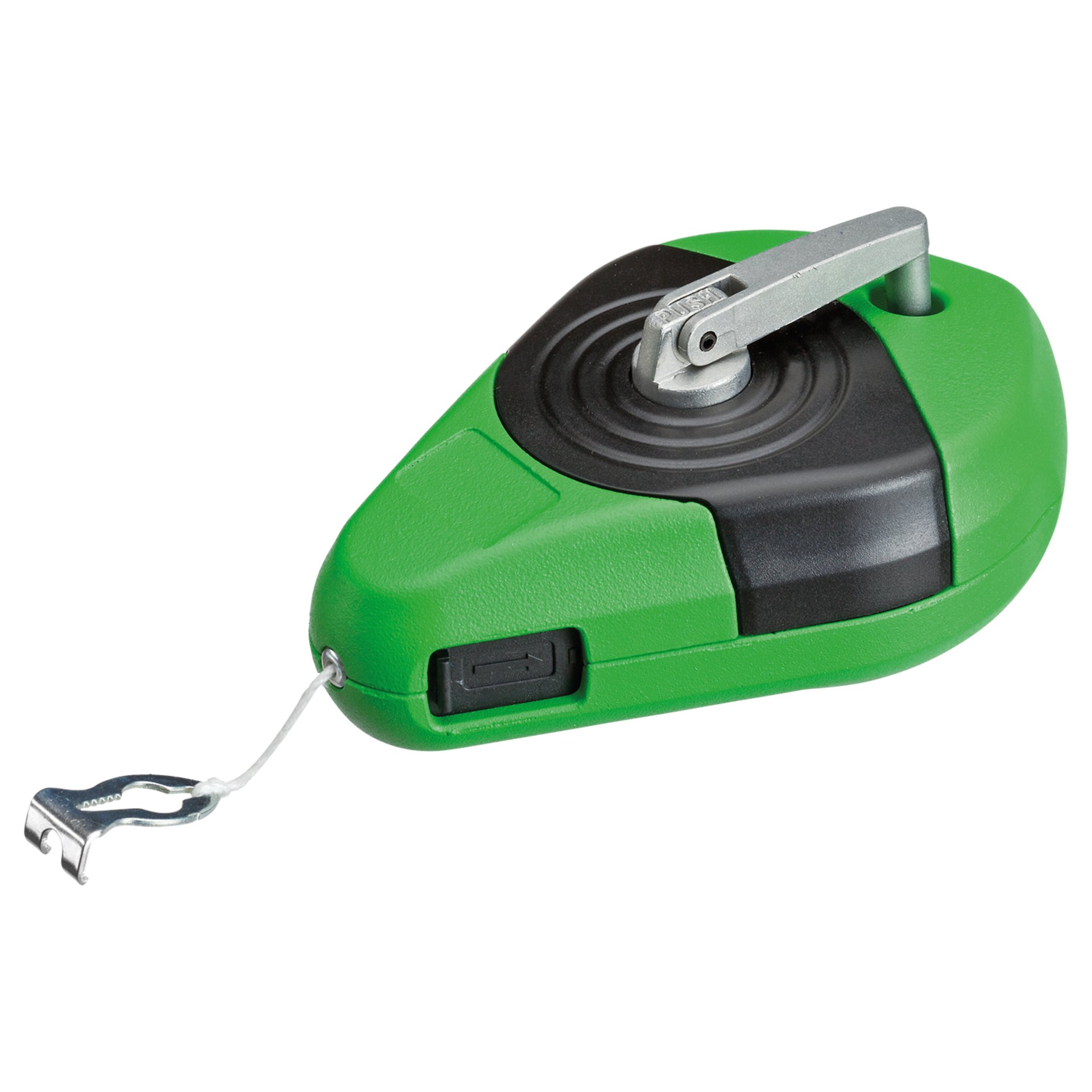 Tape measure, Measuring tape, Green housing, Metal hook, Locking mechanism