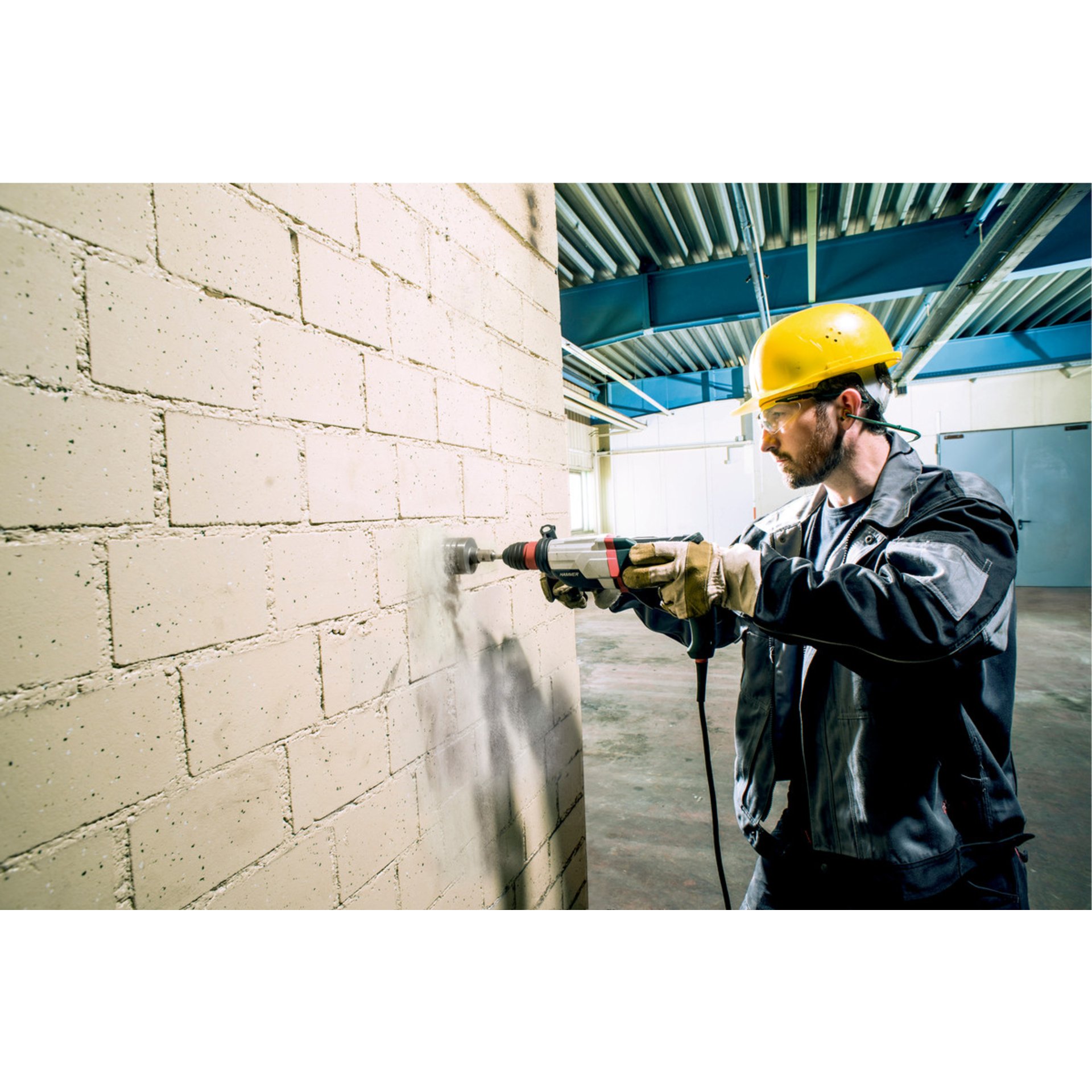 Arbeiter, Schutzhelm, Elektrische Bohrmaschine, Konstruktion, Handschuh